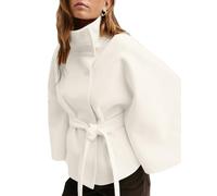 NONDK Women Batwing Sleeve Ponchos Pea Coat Wool Stand Collar Belt Capes Jacket Winter Cropped Overcoat White S