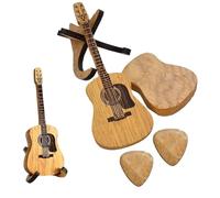 NONDK Wooden Guitar Shaped Guitar Picks Holder with Stand, Vintage Guitar Case for Selection