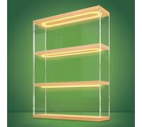 NONEMEY Clear Acrylic Display Case Stand with Wood Base LED Light, 3 Tier Storage Box Wall Mount Showcase Dustproof Organizer Box for Collectibles (Wood - LED light, 30 x 8.5 x 37.8 cm)