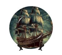 NONHAI 10in Bone China Decorative Plate with Display Ceramic Ornament Plates Nautical Vintage Sailing Pirate Ship Dinner Plate Crafts Decorative PorcelainPlates for Home Office Club Decor