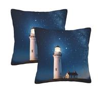 NONHAI 2PCS Decorative Throw Pillow Covers 16"x16" Square Pillowcases Covers Lighthouse Under Starry Night Sky Pillowcases Modern Farmhouse Home Decor Sofa Cushions Covers for Couch Bed Living Room