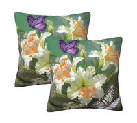 NONHAI 2PCS Decorative Throw Pillow Covers 20"x20" Square Pillowcases Covers Lilies and Butterfly Pillowcases Modern Farmhouse Home Decor Sofa Cushions Covers for Couch Bed Living Room