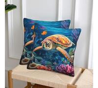 NONHAI 2PCS Throw Pillow Covers 20"x20" Square Pillowcases Covers Ocean Sea Turtle Tropical Fish Starfish Soft Pillowcases Modern Farmhouse Home Decor Sofa Cushions Covers for Couch Bed Living Room