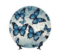 NONHAI 6in Bone China Decorative Plate with Display Ceramic Ornament Plates Blue butterfly Dinner Plate Crafts Decorative Porcelain Plates for Home Office Club Decor