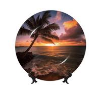 NONHAI 6in Bone China Decorative Plate with Display Ceramic Ornament Plates Palm Tree Sunset Beach Dinner Plate Crafts Decorative PorcelainPlates for Home Office Club Decor
