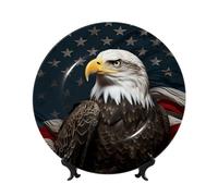 NONHAI 7in Bone China Decorative Plate with Display Ceramic Ornament Plates American bald eagle sitting on flag ribbon Dinner Plate Crafts Decorative PorcelainPlates for Home Office Club Decor