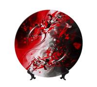 NONHAI 8in Bone China Decorative Plate, Ceramic Dinner Plate with Display Stand, Hanging Ceramic Plates Red Black White Abstract Porcelain Plate for Home Office Table Decor Plate for Display Ornament