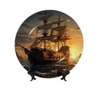 NONHAI 8in Bone China Decorative Plate with Display Ceramic Ornament Plates Fantasy pirate ship Dinner Plate Crafts Decorative PorcelainPlates for Home Office Club Decor