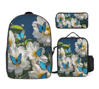NONHAI Backpack Set for Women Men White Blooms with Blue Butterflies Laptop Backpack Lunch Bag Pencil Case Travel Backpack, Style, One Size, Style, One Size