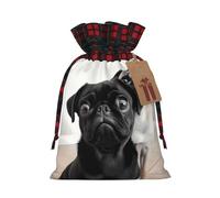 NONHAI Christmas Drawstring Gift Bags Cute Black Pug Dog Xmas Wrapping Sacks Buffalo Plaid Goodie Bag Burlap Treat Bag Gift Wrapping Storage Sack for Xmas Presents Party Favor Pouch Small