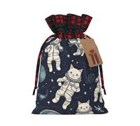 NONHAI Christmas Drawstring Gift Bags Fun cat Astronaut Xmas Wrapping Sacks Buffalo Plaid Goodie Bag Burlap Treat Bag Gift Wrapping Storage Sack for Xmas Presents Party Favor Pouch Small