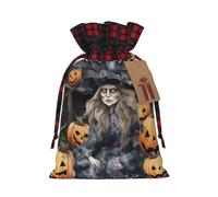 NONHAI Christmas Drawstring Gift Bags Funny Halloween Decor Witch Xmas Wrapping Sacks Buffalo Plaid Goodie Bag Burlap Treat Bag Gift Wrapping Storage Sack for Xmas Presents Party Favor Pouch Small