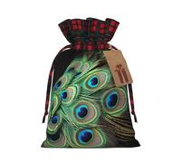 NONHAI Christmas Drawstring Gift Bags Green Peacock Feather Xmas Wrapping Sacks Buffalo Plaid Goodie Bag Burlap Treat Bag Gift Wrapping Storage Sack for Xmas Presents Party Favor Pouch Medium