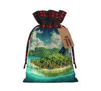 NONHAI Christmas Drawstring Gift Bags Green Tropical Island Xmas Wrapping Sacks Buffalo Plaid Goodie Bag Burlap Treat Bag Gift Wrapping Storage Sack for Xmas Presents Party Favor Pouch Small
