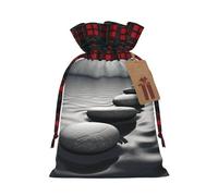 NONHAI Christmas Drawstring Gift Bags Grey Zen Stones Picture Xmas Wrapping Sacks Buffalo Plaid Goodie Bag Burlap Treat Bag Gift Wrapping Storage Sack for Xmas Presents Party Favor Pouch Medium
