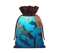 NONHAI Christmas Drawstring Gift Bags Hammerhead Sharks Xmas Wrapping Sacks Buffalo Plaid Goodie Bag Burlap Treat Bag Gift Wrapping Storage Sack for Xmas Presents Party Favor Pouch Small
