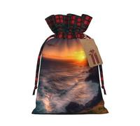 NONHAI Christmas Drawstring Gift Bags Ireland Sunset Seascape Xmas Wrapping Sacks Buffalo Plaid Goodie Bag Burlap Treat Bag Gift Wrapping Storage Sack for Xmas Presents Party Favor Pouch Small