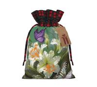 NONHAI Christmas Drawstring Gift Bags Lilies and Butterfly Xmas Wrapping Sacks Buffalo Plaid Goodie Bag Burlap Treat Bag Gift Wrapping Storage Sack for Xmas Presents Party Favor Pouch Small