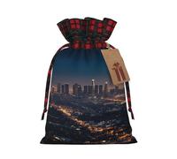 NONHAI Christmas Drawstring Gift Bags Los Angeles Skyline Xmas Wrapping Sacks Buffalo Plaid Goodie Bag Burlap Treat Bag Gift Wrapping Storage Sack for Xmas Presents Party Favor Pouch Medium