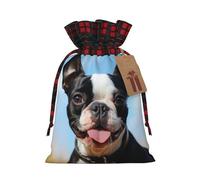 NONHAI Christmas Drawstring Gift Bags Lovely Boston Terrier Xmas Wrapping Sacks Buffalo Plaid Goodie Bag Burlap Treat Bag Gift Wrapping Storage Sack for Xmas Presents Party Favor Pouch Medium