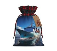 NONHAI Christmas Drawstring Gift Bags Ocean Ferry Boat Xmas Wrapping Sacks Buffalo Plaid Goodie Bag Burlap Treat Bag Gift Wrapping Storage Sack for Xmas Presents Party Favor Pouch Small