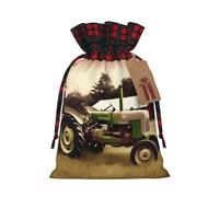 NONHAI Christmas Drawstring Gift Bags Old Tractor Photo Farm Xmas Wrapping Sacks Buffalo Plaid Goodie Bag Burlap Treat Bag Gift Wrapping Storage Sack for Xmas Presents Party Favor Pouch Medium
