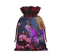 NONHAI Christmas Drawstring Gift Bags Purple plum butterfly Xmas Wrapping Sacks Buffalo Plaid Goodie Bag Burlap Treat Bag Gift Wrapping Storage Sack for Xmas Presents Party Favor Pouch Medium