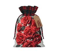 NONHAI Christmas Drawstring Gift Bags Red rose flower cluster Xmas Wrapping Sacks Buffalo Plaid Goodie Bag Burlap Treat Bag Gift Wrapping Storage Sack for Xmas Presents Party Favor Pouch Medium