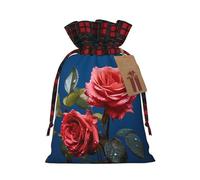NONHAI Christmas Drawstring Gift Bags Red rose flower in blue Xmas Wrapping Sacks Buffalo Plaid Goodie Bag Burlap Treat Bag Gift Wrapping Storage Sack for Xmas Presents Party Favor Pouch Medium