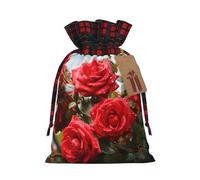 NONHAI Christmas Drawstring Gift Bags Red Roses Bush in The Garden Xmas Wrapping Sacks Buffalo Plaid Goodie Bag Burlap Treat Bag Gift Wrapping Storage Sack for Xmas Presents Party Favor Pouch Small