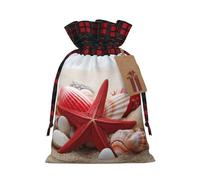 NONHAI Christmas Drawstring Gift Bags Red Starfish Seashells Xmas Wrapping Sacks Buffalo Plaid Goodie Bag Burlap Treat Bag Gift Wrapping Storage Sack for Xmas Presents Party Favor Pouch Medium