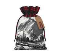 NONHAI Christmas Drawstring Gift Bags Retro mountains Xmas Wrapping Sacks Buffalo Plaid Goodie Bag Burlap Treat Bag Gift Wrapping Storage Sack for Xmas Presents Party Favor Pouch Medium