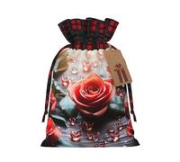 NONHAI Christmas Drawstring Gift Bags Romance Rose Flower Xmas Wrapping Sacks Buffalo Plaid Goodie Bag Burlap Treat Bag Gift Wrapping Storage Sack for Xmas Presents Party Favor Pouch Small