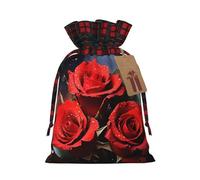 NONHAI Christmas Drawstring Gift Bags Romantic Red Roses Xmas Wrapping Sacks Buffalo Plaid Goodie Bag Burlap Treat Bag Gift Wrapping Storage Sack for Xmas Presents Party Favor Pouch Medium