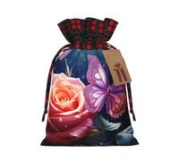 NONHAI Christmas Drawstring Gift Bags Rose and Butterfly Xmas Wrapping Sacks Buffalo Plaid Goodie Bag Burlap Treat Bag Gift Wrapping Storage Sack for Xmas Presents Party Favor Pouch Small