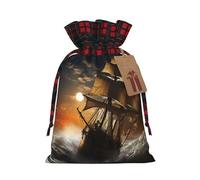NONHAI Christmas Drawstring Gift Bags Sailing ship in storm Xmas Wrapping Sacks Buffalo Plaid Goodie Bag Burlap Treat Bag Gift Wrapping Storage Sack for Xmas Presents Party Favor Pouch Small