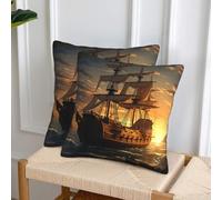 NONHAI Decorative Throw Pillow Covers Set of 2, 16"x16" Square Cushion Case Soft Comfy Fantasy Pirate Ship Throw Pillows for Couch Cushion Livingroom Farmhouse Home Decor Pillowcases