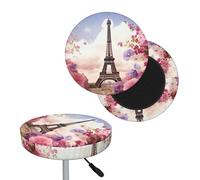 NONHAI Eiffel Tower Spring Flowers Bar Stool Cover Round Elastic Stool Cushion Covers Dustproof Bar Chair Cover Washable Stool Cushion Slipcover Stretch Stool Seat Covers for 12-14 Inch Chair