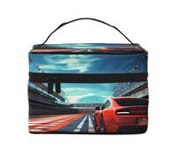 NONHAI Travel Makeup Bag for Women Portable Cosmetic Bags Large Capacity Toiletry Bag Red and Black Feather Make up Organizer with Handle Travel Essentials Cosmetic Bag Case Organizer, Race Track, One
