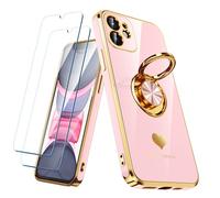 Nonional Compatible for iPhone 11 Case with 2 Pack Screen Protector, 360° Rotatable Ring Holder [Luxury Hearts Pattern] Plating Gold Edge Slim Soft Phone Cover Case for iPhone 11 - Girl Pink