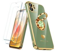 Nonional Compatible for iPhone 11 Case with 2 Pack Screen Protector, 360° Rotatable Ring Holder [Luxury Hearts Pattern] Plating Gold Edge Slim Soft Phone Cover Case for iPhone 11 - Light Green