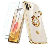 Nonional Compatible for iPhone 11 Case with 2 Pack Screen Protector, 360° Rotatable Ring Holder [Luxury Hearts Pattern] Plating Gold Edge Slim Soft Phone Cover Case for iPhone 11 - White