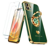 Nonional Compatible for iPhone 11 Case with 2 Pack Screen Protector, 360° Rotatable Ring Holder [Luxury Hearts Pattern] Plating Gold Edge Slim Soft Phone Cover Case for iPhone 11 - Green