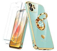 Nonional Compatible for iPhone 11 Case with 2 Pack Screen Protector, 360° Rotatable Ring Holder [Luxury Hearts Pattern] Plating Gold Edge Slim Soft Phone Cover Case for iPhone 11 - Mint