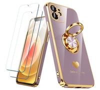 Nonional Compatible for iPhone 12 Case with 2 Pack Screen Protector, 360° Rotatable Ring Holder [Luxury Hearts Pattern] Plating Gold Edge Slim Soft Phone Cover Case for iPhone 12 - Light Purple