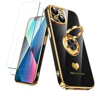 Nonional Compatible for iPhone 13 Case with 2 Pack Screen Protector, 360° Rotatable Ring Holder [Luxury Hearts Pattern] Plating Gold Edge Slim Soft Phone Cover Case for iPhone 13 - Black