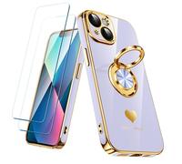 Nonional Compatible for iPhone 13 Case with 2 Pack Screen Protector, 360° Rotatable Ring Holder [Luxury Hearts Pattern] Plating Gold Edge Slim Soft Phone Cover Case for iPhone 13 - Lavender