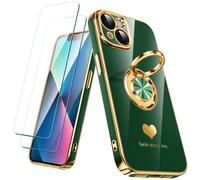 Nonional Compatible for iPhone 13 Case with 2 Pack Screen Protector, 360° Rotatable Ring Holder [Luxury Hearts Pattern] Plating Gold Edge Slim Soft Phone Cover Case for iPhone 13 - Green