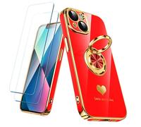 Nonional Compatible for iPhone 13 Case with 2 Pack Screen Protector, 360° Rotatable Ring Holder [Luxury Hearts Pattern] Plating Gold Edge Slim Soft Phone Cover Case for iPhone 13 - Red