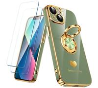 Nonional Compatible for iPhone 13 Case with 2 Pack Screen Protector, 360° Rotatable Ring Holder [Luxury Hearts Pattern] Plating Gold Edge Slim Soft Phone Cover Case for iPhone 13 - Light Green